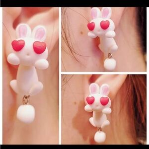Charming Heart-Eyed Bunny Earrings in Red and White 🌿New